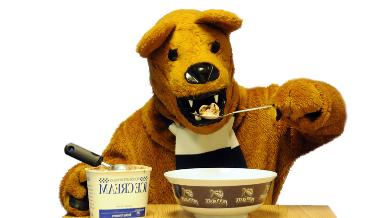 The Nittany Lion mascot enjoys Berkey Creamery ice cream.